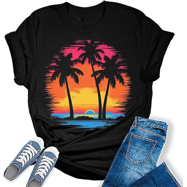 Womens Sunset Shirt Casual Ladies Cute Beach Graphic Tees Ocean